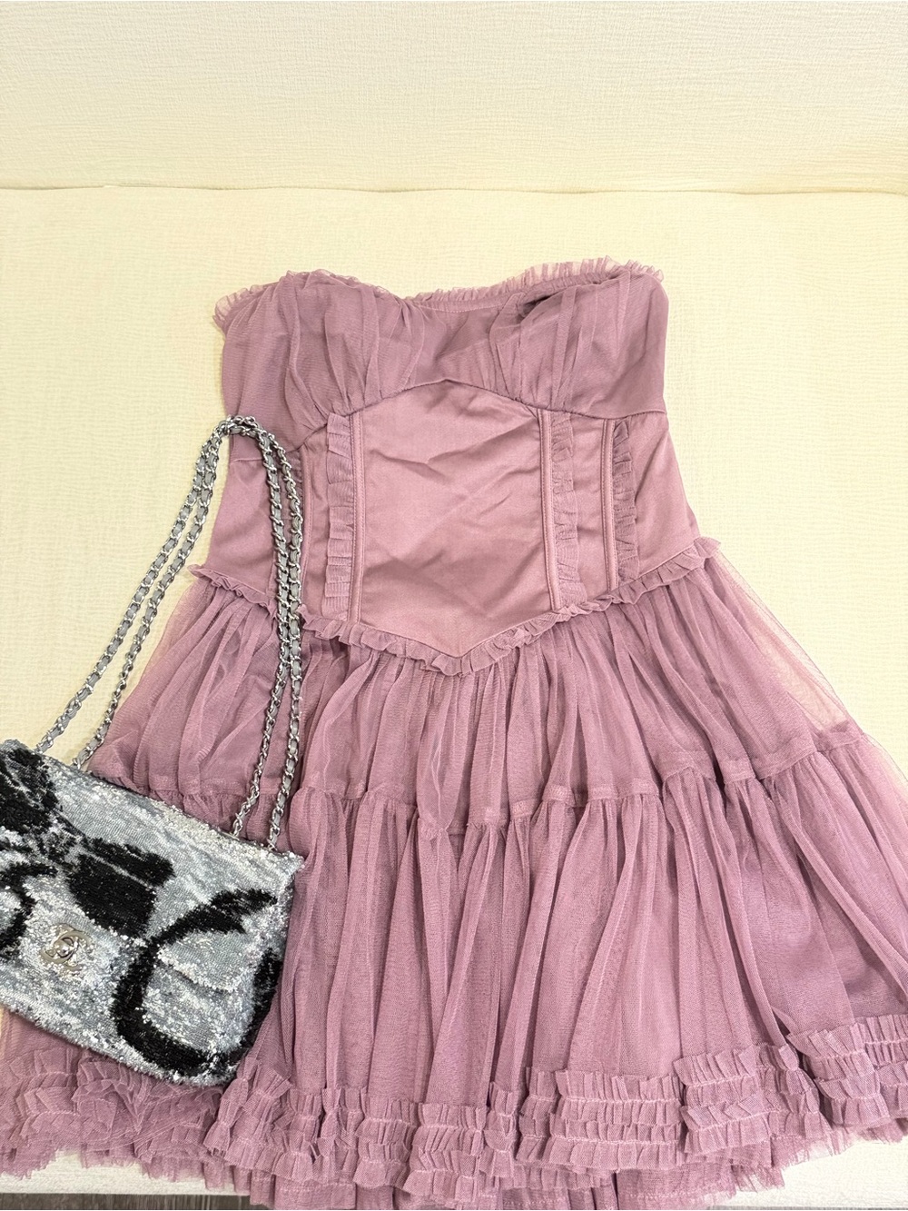 Urban Outfitters Mauve Tulle Corset Strapless Ruffle Mini Dress NWOT Size Small